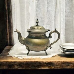 Rare VNTG Footed Ornate Teapot with Handle EPNS Solid Brass Tea Kettle Decor